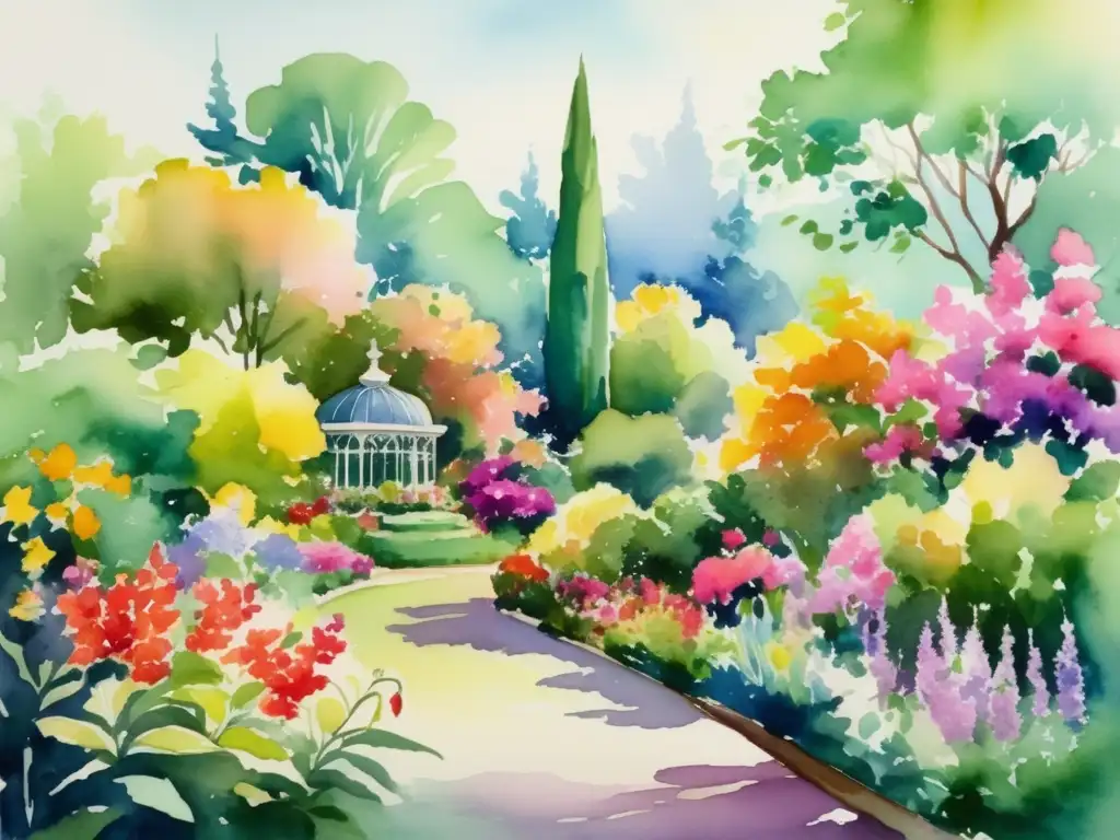 Lush garden painting showcases vibrant flowers, trees, and foliage - Importancia de la botánica en arte y cultura