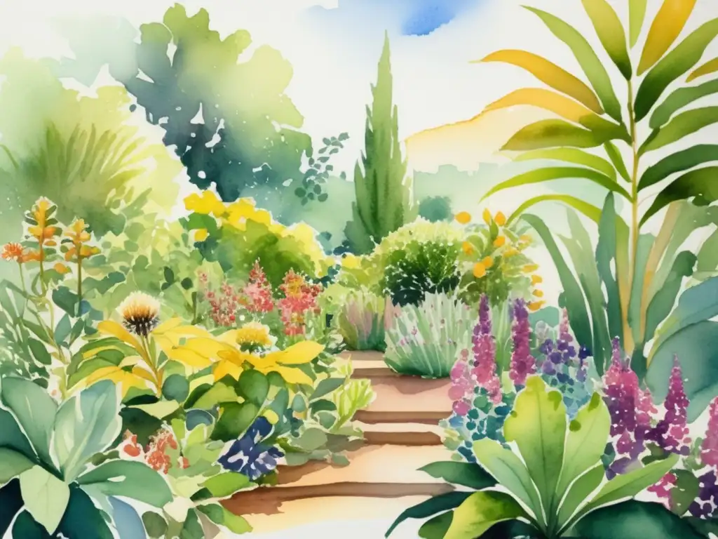 Pintura acuarela de jardín botánico con plantas medicinales en arte visual