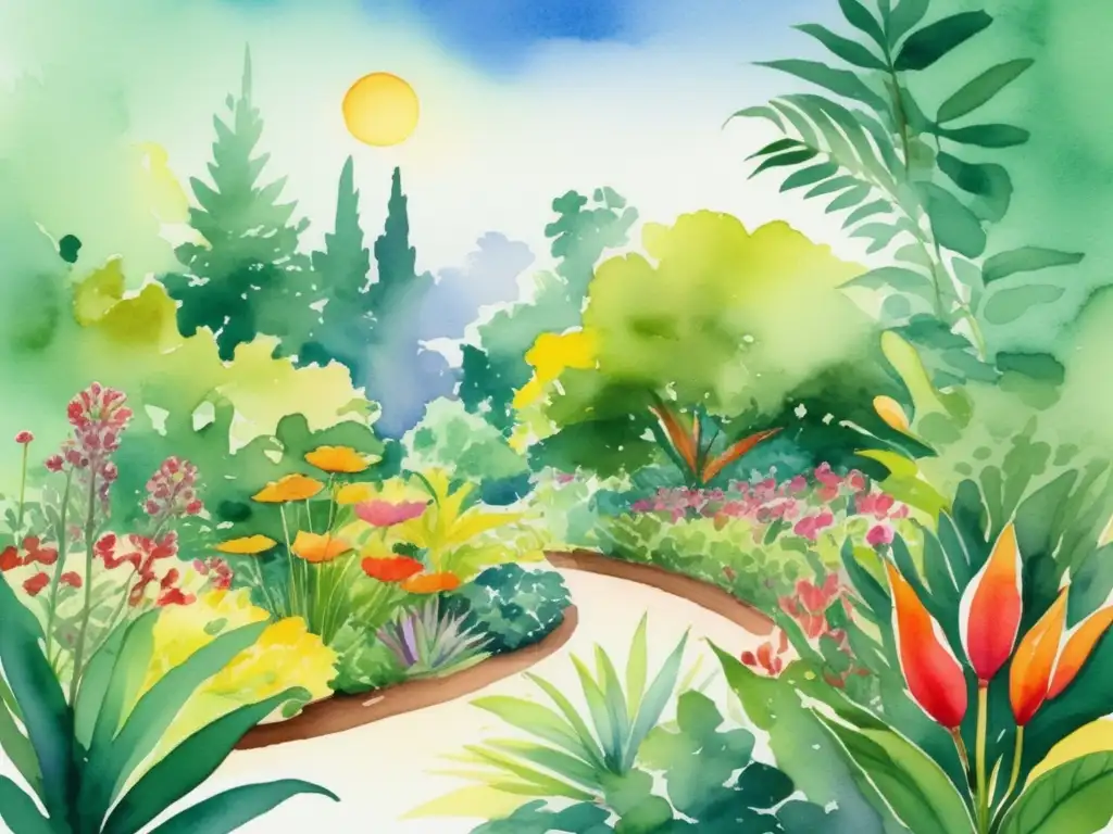 Historia de la botánica moderna en un vibrante jardín botánico con plantas diversas y coloridas, donde la ciencia y el arte se fusionan