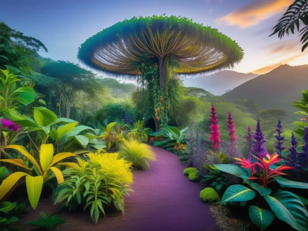 Jardín de plantas medicinales sagradas en colores vibrantes y exuberantes