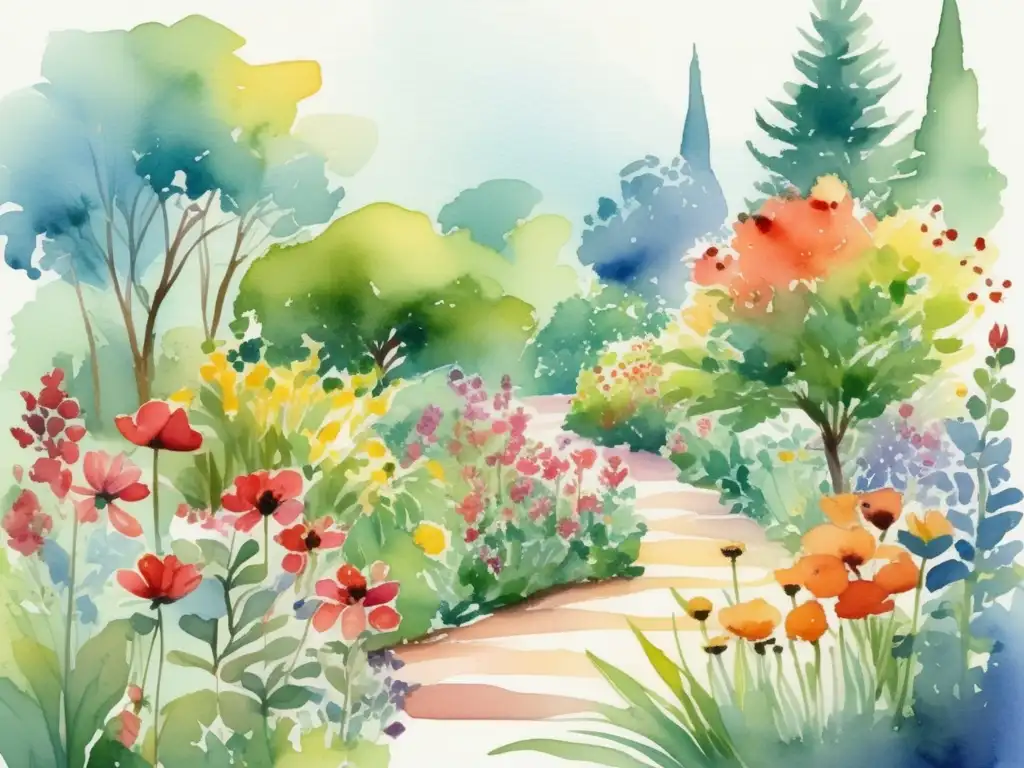 Ilustración vibrante de jardín botánico con plantas medicinales