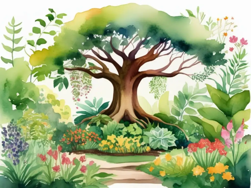 Ilustración acuarela de jardín botánico con diversidad de especies, destacando árbol majestuoso rodeado de plantas coloridas