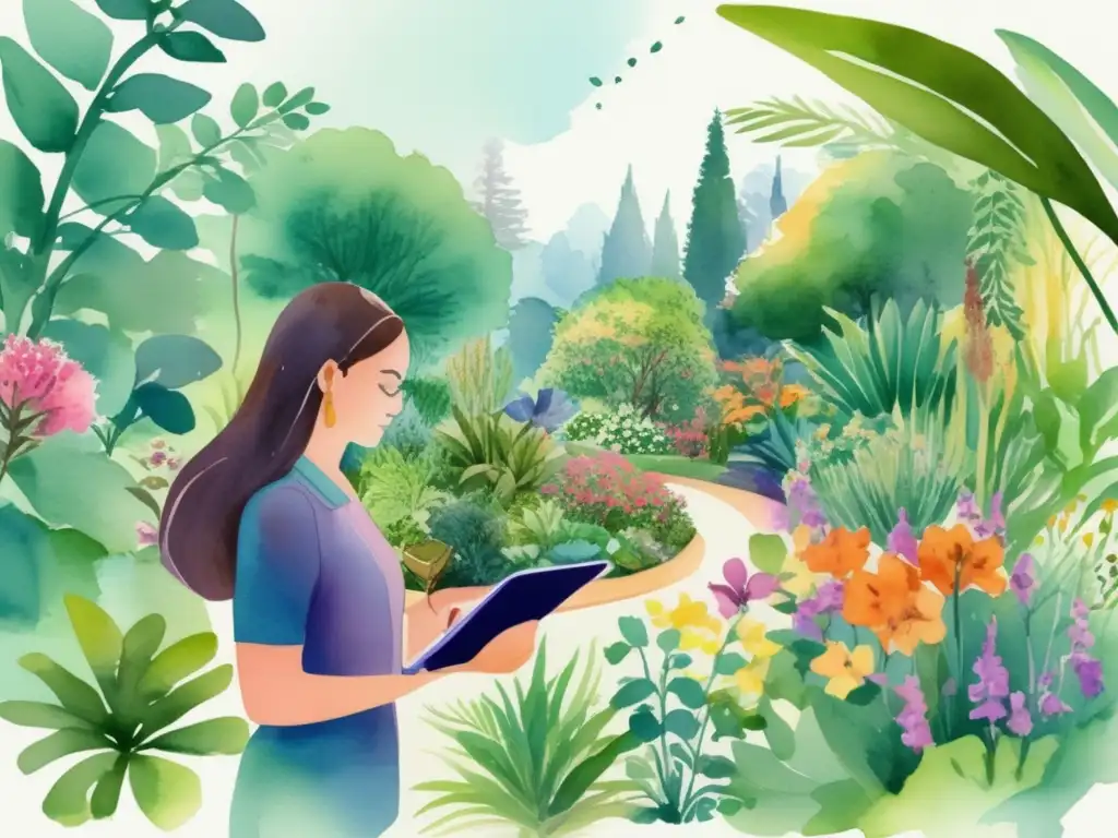 Ilustración acuarela vibrante de un exuberante jardín botánico, lleno de diversas especies de plantas