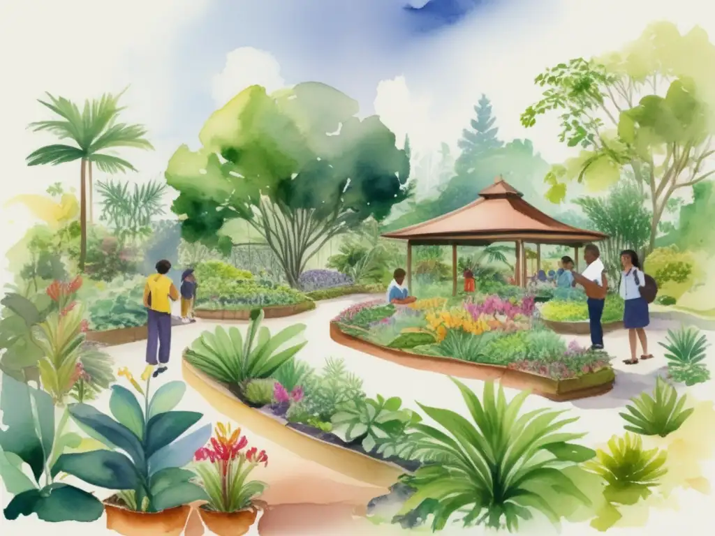 Un jardín botánico exuberante con plantas exóticas y vibrantes