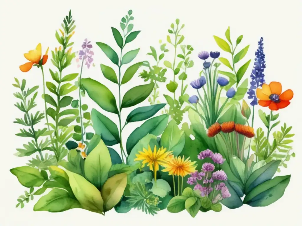 Ilustración vibrante de jardín botánico con plantas medicinales: Guía práctica de identificación