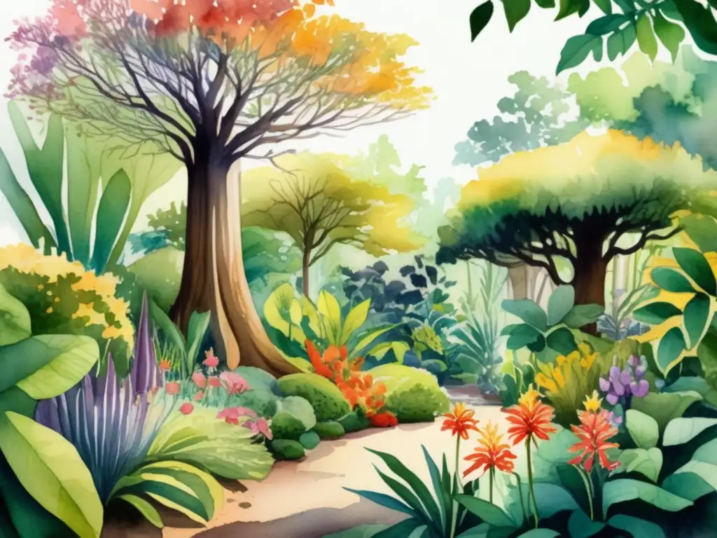 Ilustración acuarela detallada de jardín botánico con plantas raras: identificación y características