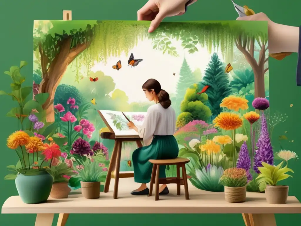 Importancia ilustración científica plantas: jardín botánico vibrante, artista capturando detalles en acuarela