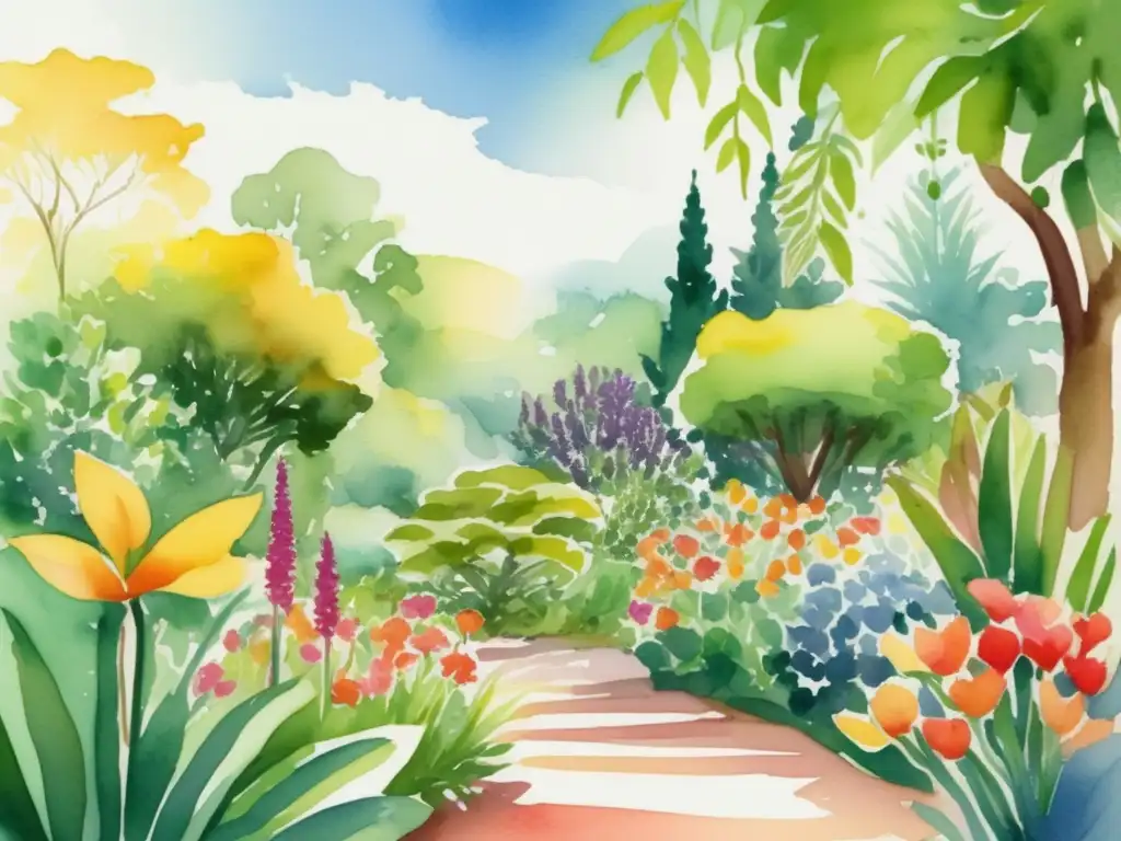 Ilustración acuarela jardín botánico vibrante con plantas y vida - Mujeres pioneras botánica moderna