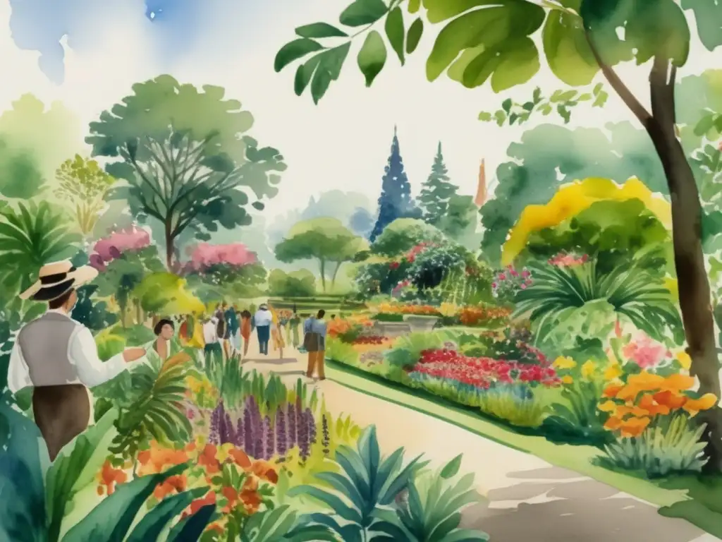 Pintura acuarela de jardín botánico vibrante, repleto de flores y árboles, con guía y visitantes - Importancia de los museos botánicos