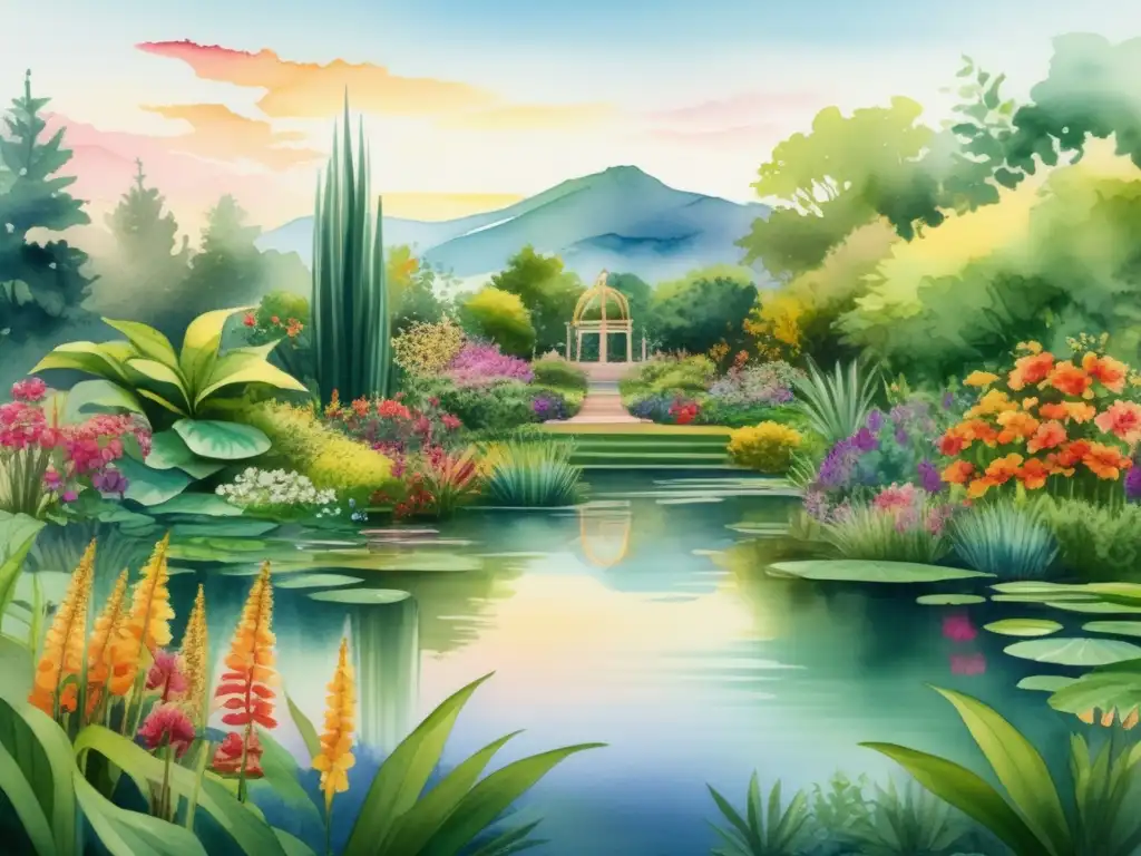 Tecnología de imagen para identificar especies de plantas en un vibrante jardín botánico con detalles en acuarela