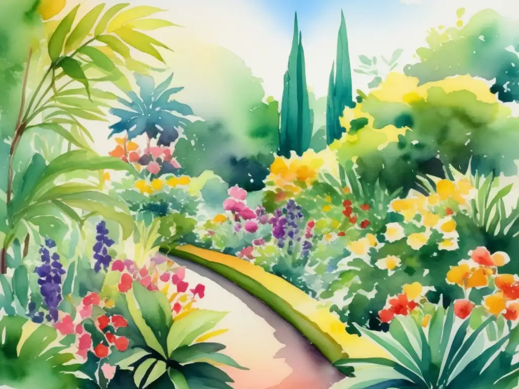 Pintura acuarela de un jardín botánico exuberante en plena floración, con flores y plantas vibrantes