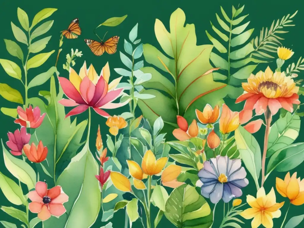 Ilustración acuarela vibrante de un exuberante jardín botánico con flores vibrantes, árboles imponentes y follaje intrincado