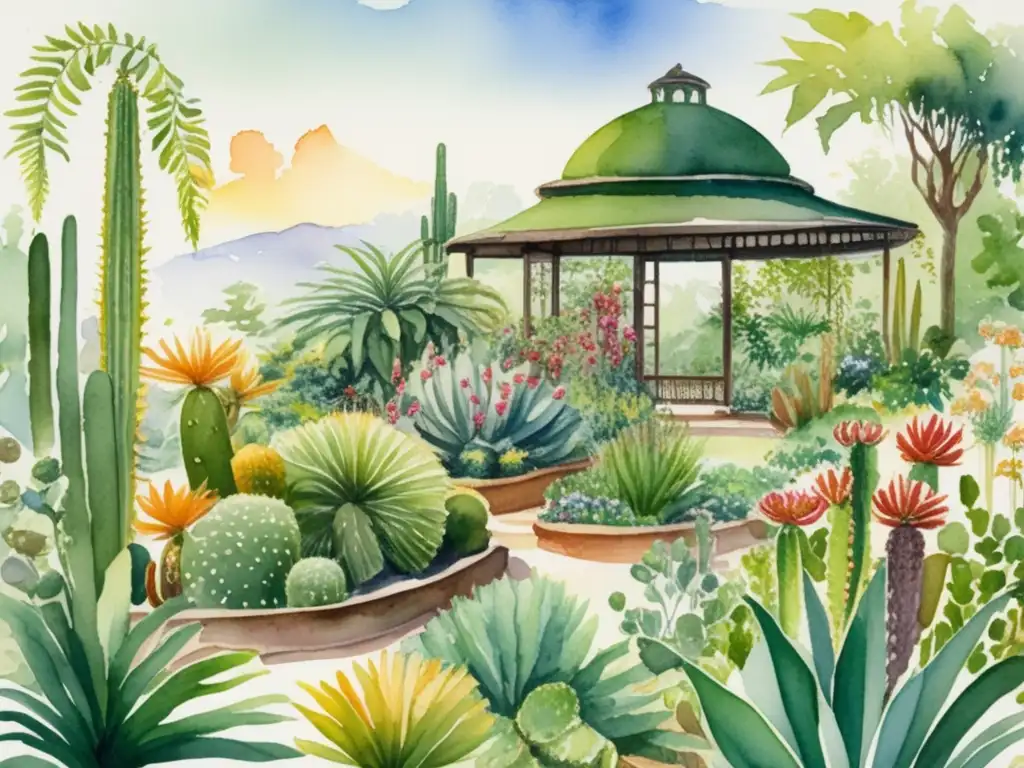 Jardín botánico con plantas medicinales y culinarias en acuarela