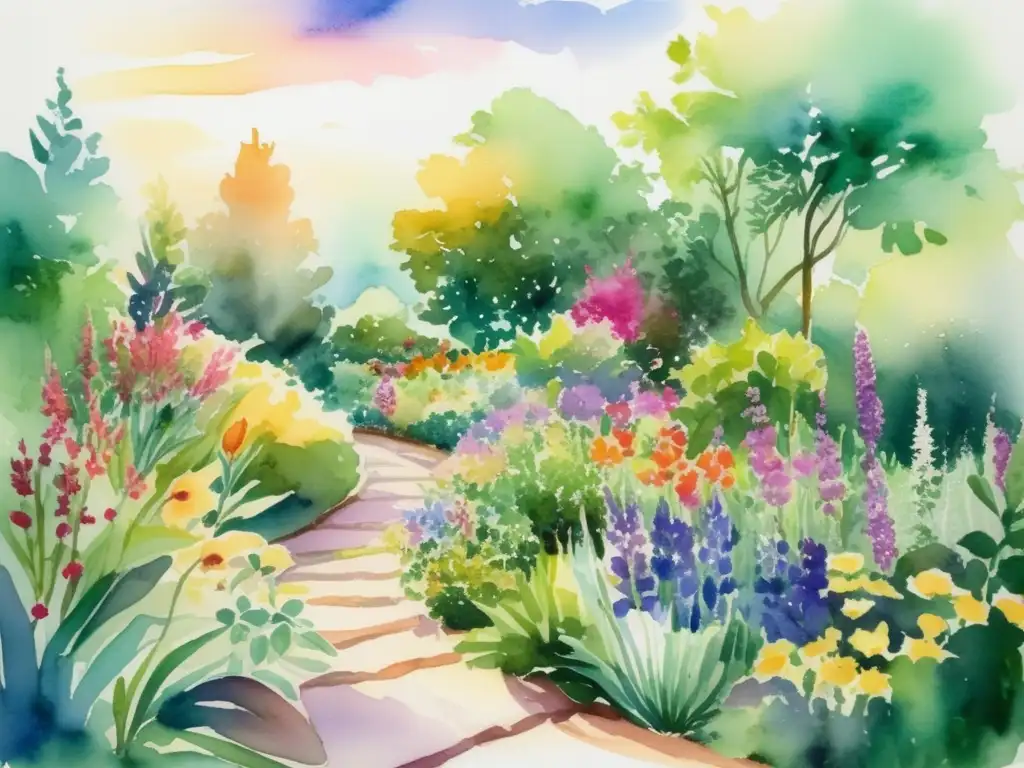 The image depicts a vibrant watercolor painting of a lush botanical garden