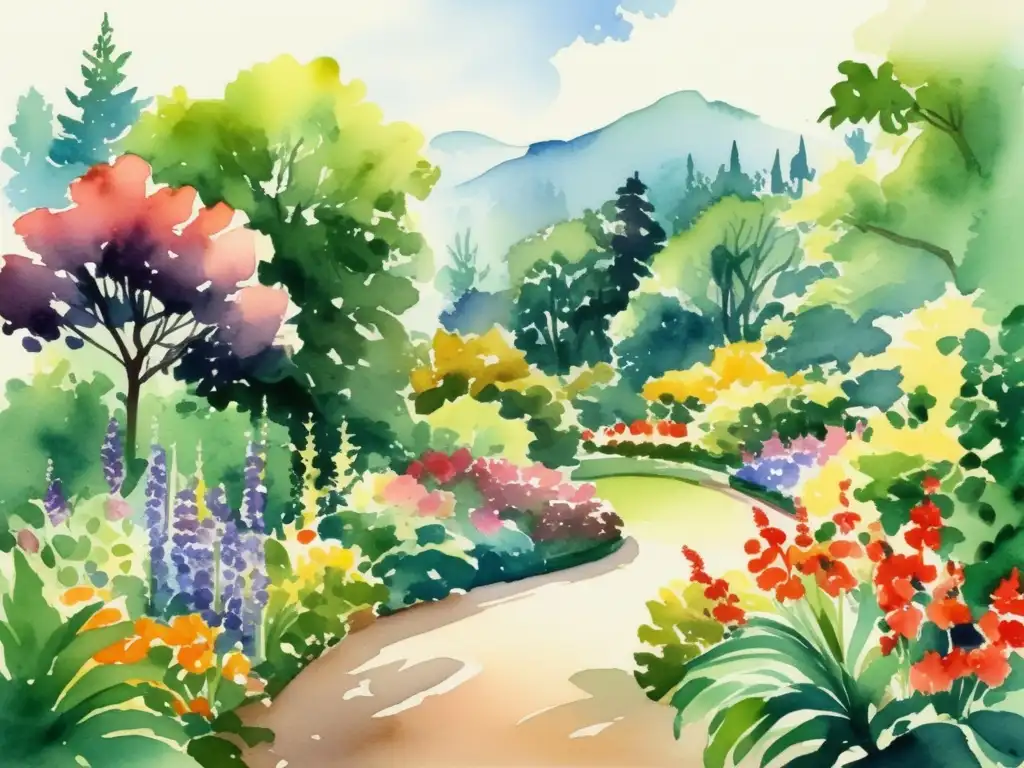 Ilustración vibrante jardín botánico, diversidad de plantas, colores, naturaleza, educación, museos botánicos