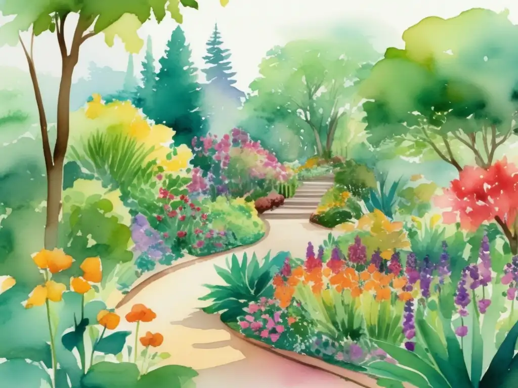 Ilustración acuarela vibrante de jardín botánico con flores coloridas, árboles altos y densa vegetación