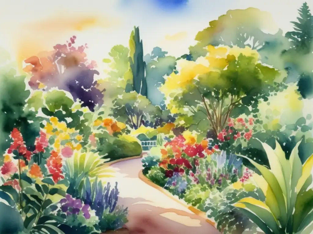 The watercolor image depicts a lush botanical garden, showcasing the human connection to nature and the growing demand for plants in emerging markets influenced by climate change