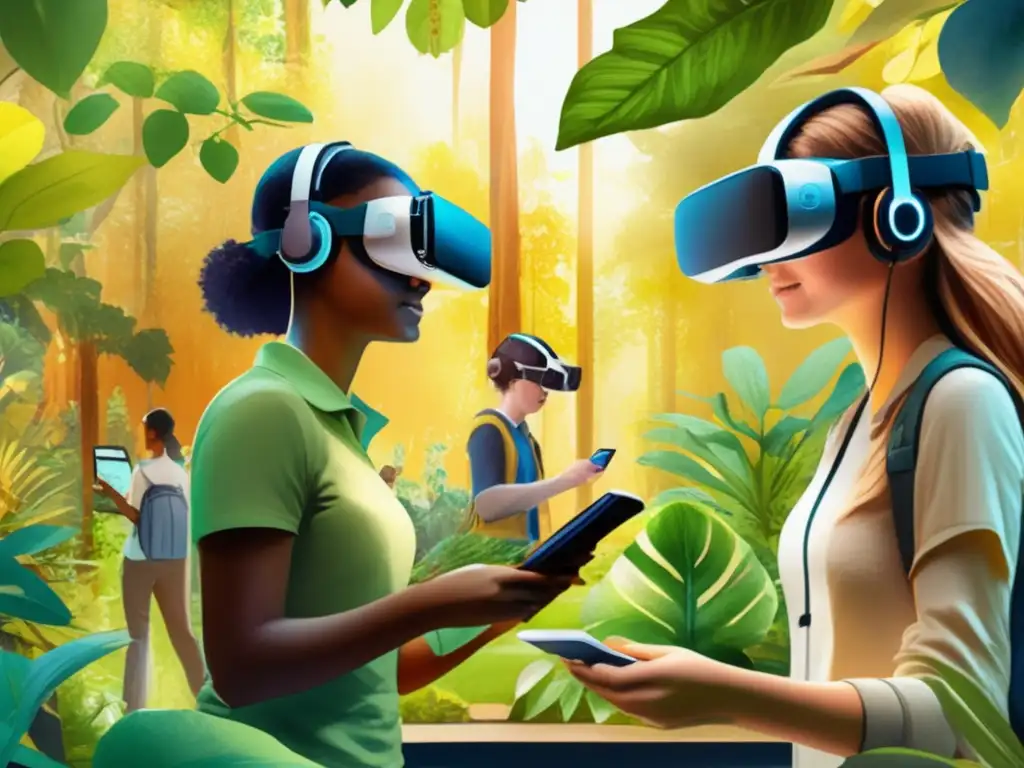 Tecnología en enseñanza botánica: Pros y cons - Jardín botánico con plantas vibrantes y estudiantes usando VR y dispositivos educativos