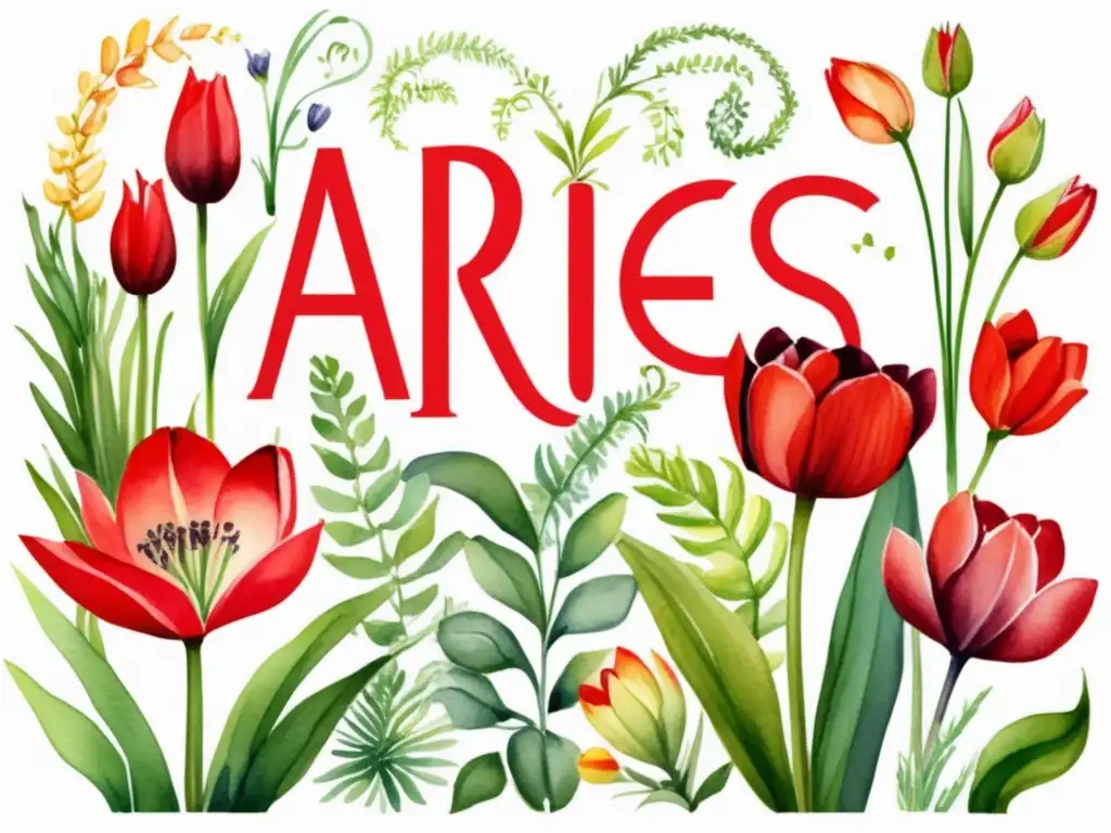 Influencia plantas en astrología: ilustración acuarela jardín botánico con secciones Aries, Tauro y Géminis, simbolizando pasión, serenidad y dualidad