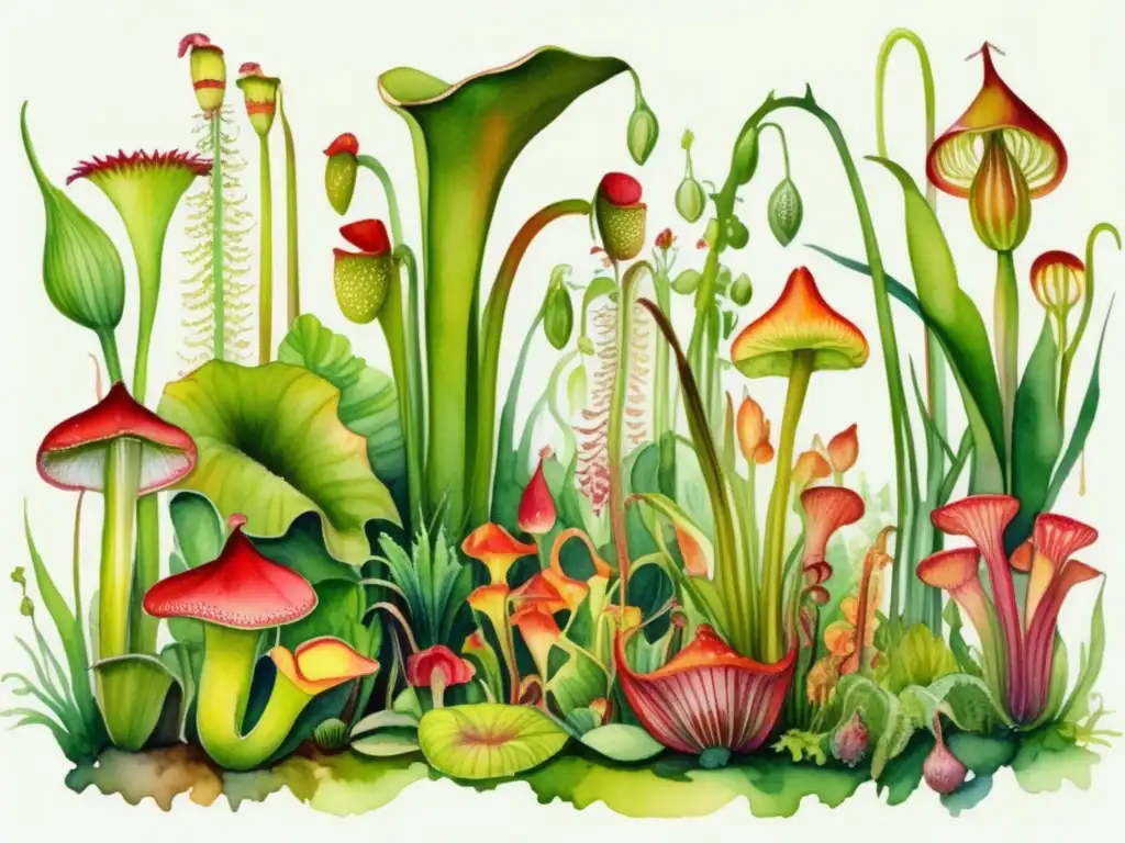 Pintura acuarela de jardín con plantas carnívoras: características, hábitat y usos