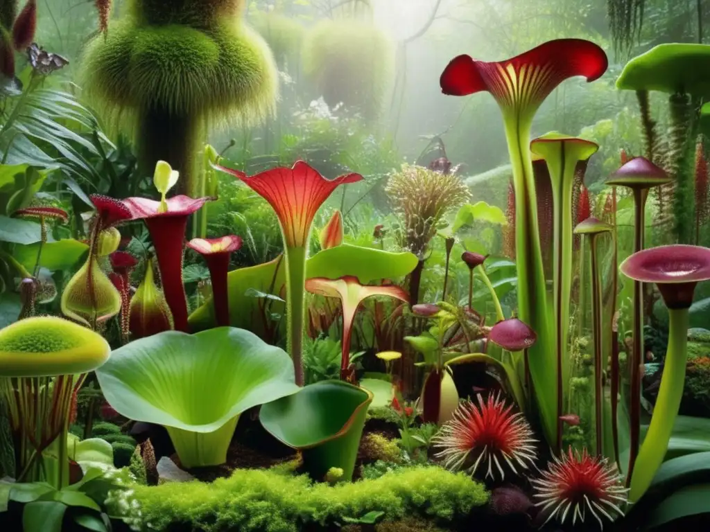 Jardín de plantas carnívoras Jardín fascinante de plantas carnívoras con ciclos de vida y reproducción en un ambiente encantador