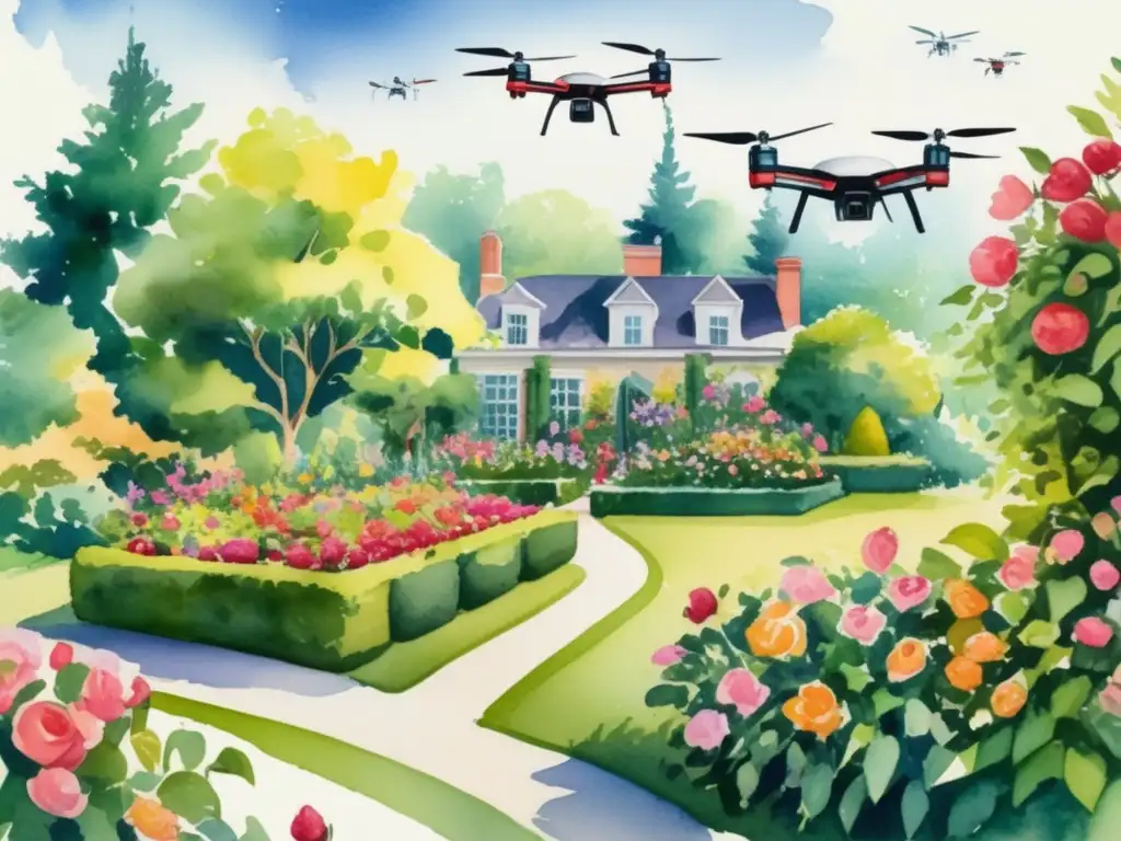 Jardinería con drones: un paisaje vibrante y lleno de vida con flores, árboles y drones coloridos