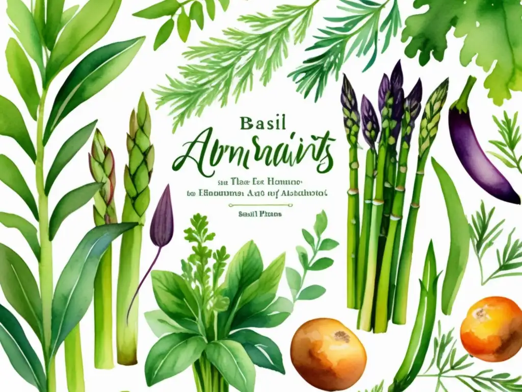 Ilustración acuarela de jardín culinario con plantas adaptadas al cambio climático