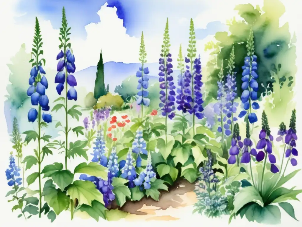 Jardín vibrante con Aconitum, planta venenosa y hermosa