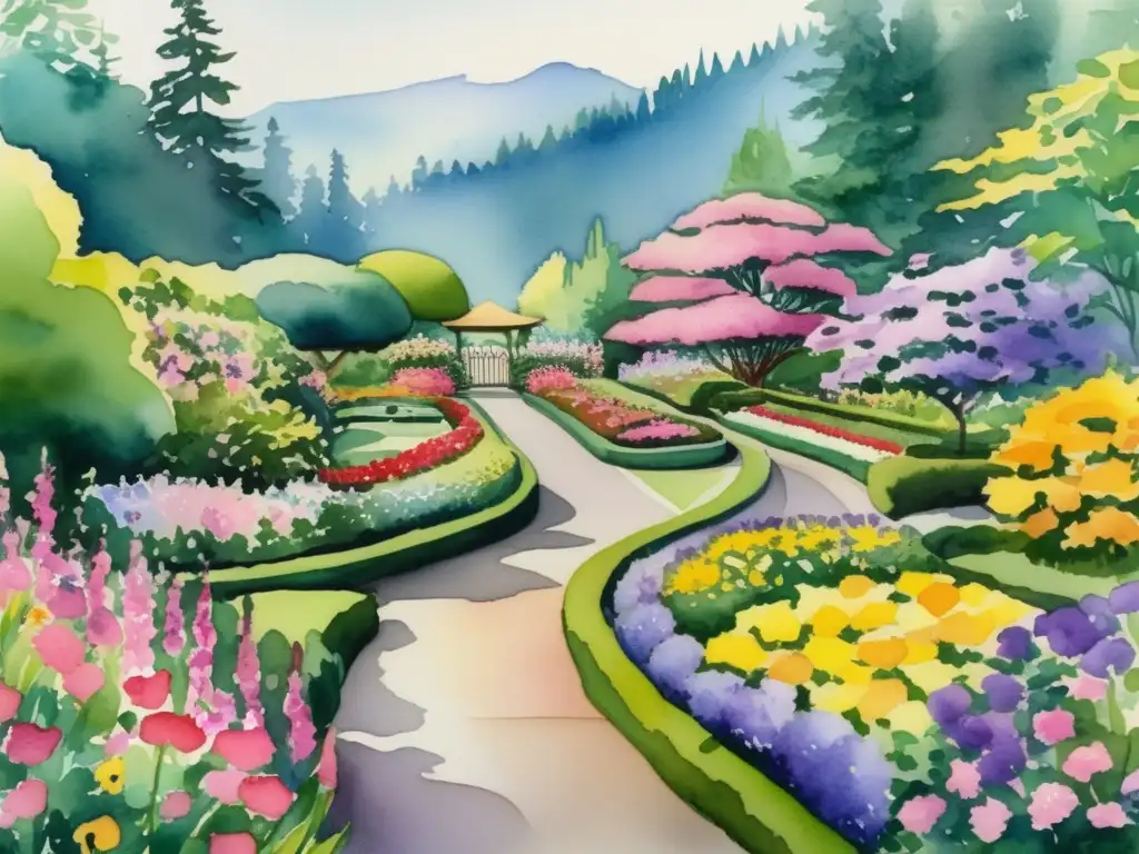 Jardines paisajísticos: Escena serena y detallada en los famosos Jardines Butchart en Canadá, con flores vibrantes y sendero encantador