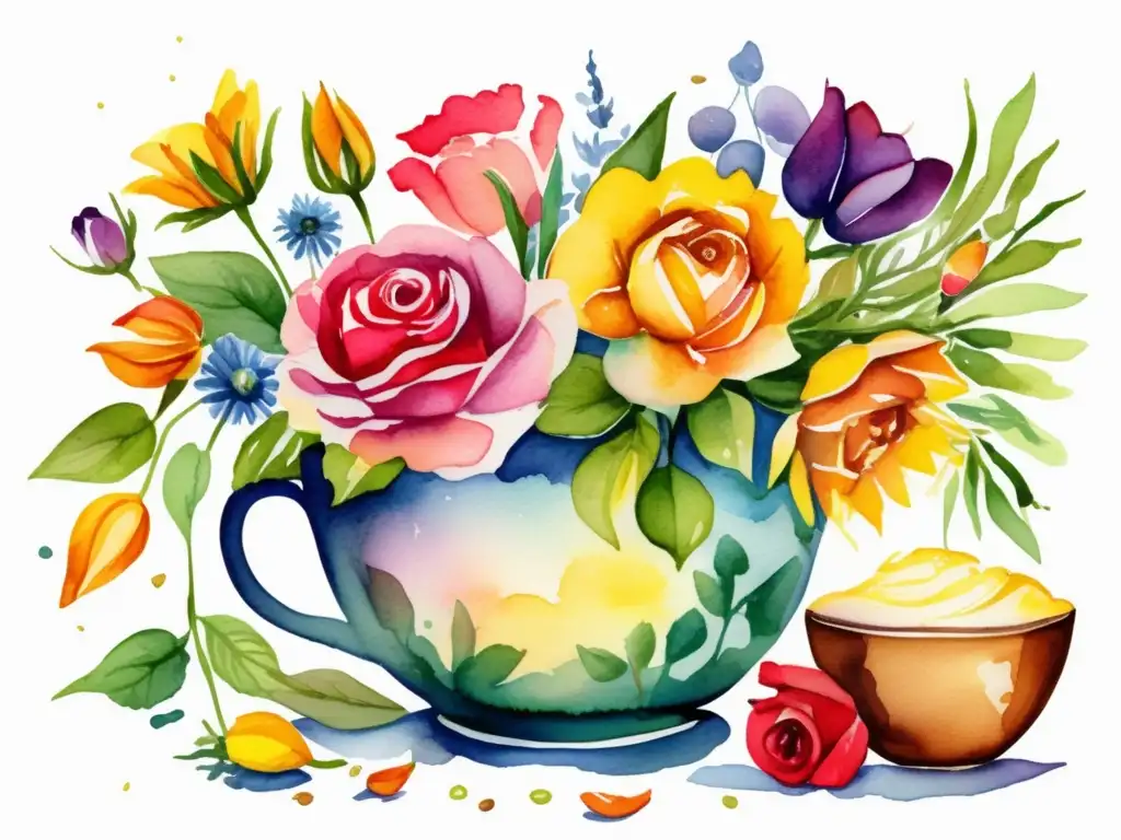 Beneficios culinarios de plantas ornamentales en un vibrante jardín con rosas, tulipanes, té de tulipán, helado de girasol y técnica acuarela