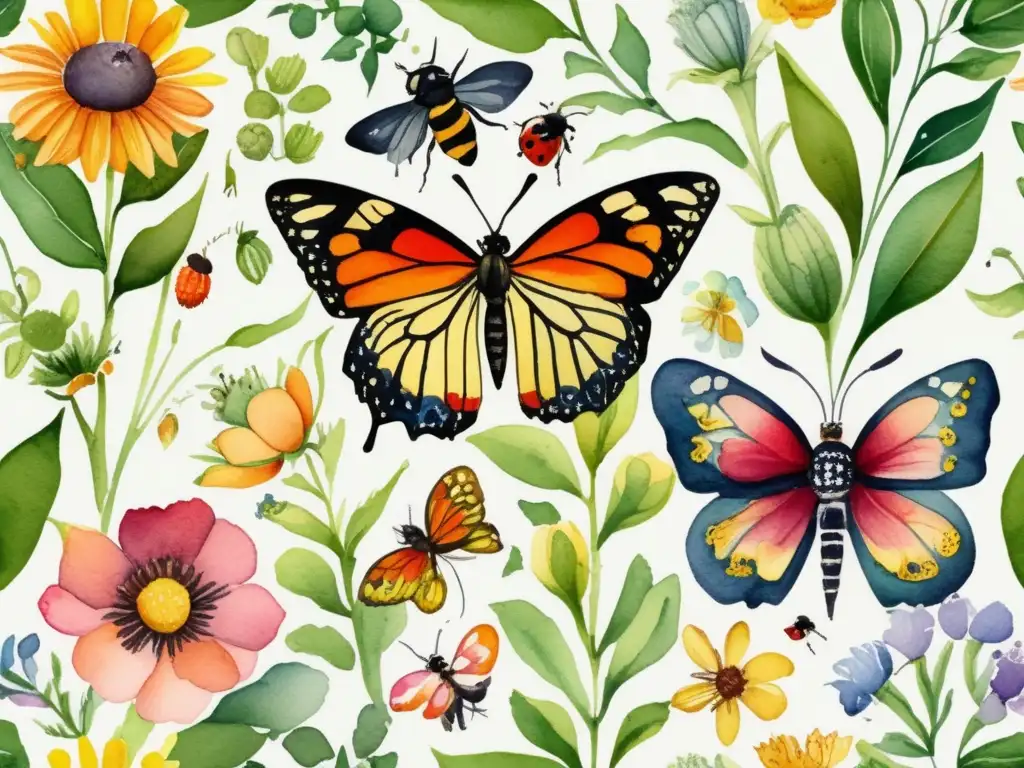 Ilustración detallada de jardín con flores vibrantes y vida, destacando relación entre plantas e insectos