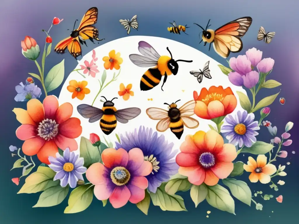 Ilustración acuarela de jardín vibrante con flores, abejas, mariposas y aves