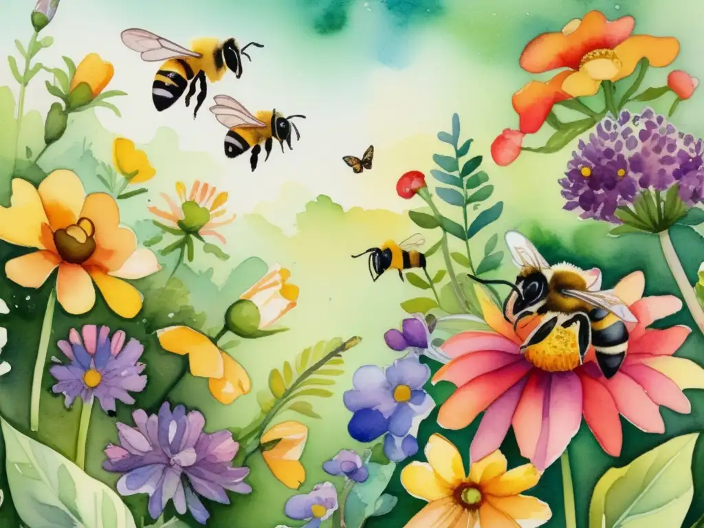 Mutualismo: Importancia del mutualismo en plantas, flores vibrantes y abejas en un jardín acuarelado