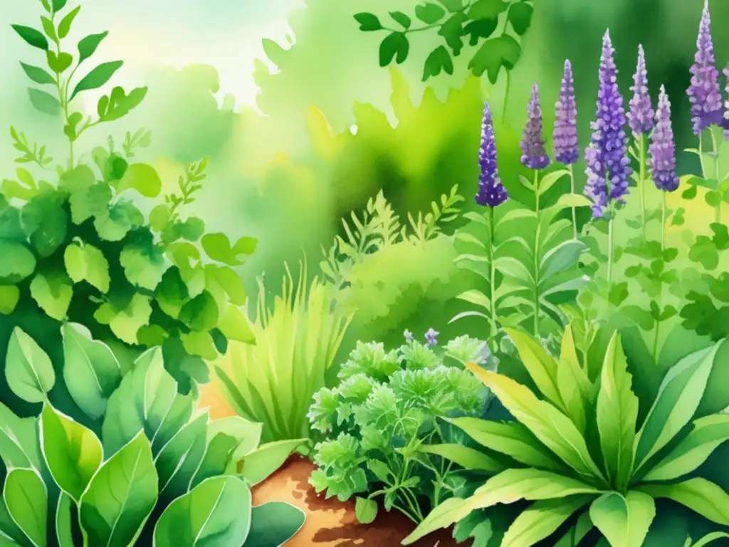 Jardín de hierbas vibrante y abundante Herbario exuberante con plantas medicinales y beneficios culinarios