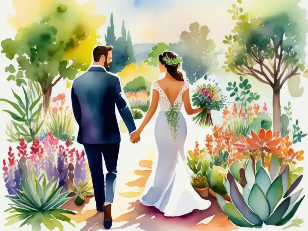 Jardín de hierbas aromáticas, árboles y suculentas simbolizando amor duradero y crecimiento, con significados culturales en bodas