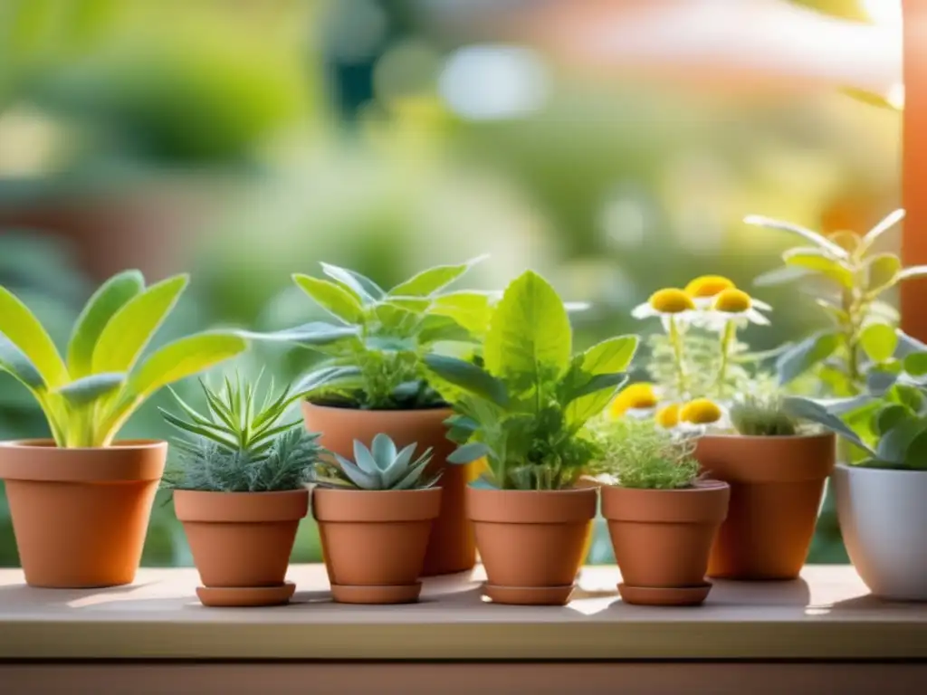 Hierbas medicinales para la salud bucal: jardín vibrante con sage, menta, manzanilla y aloe vera en macetas de terracota, iluminadas por la luz solar