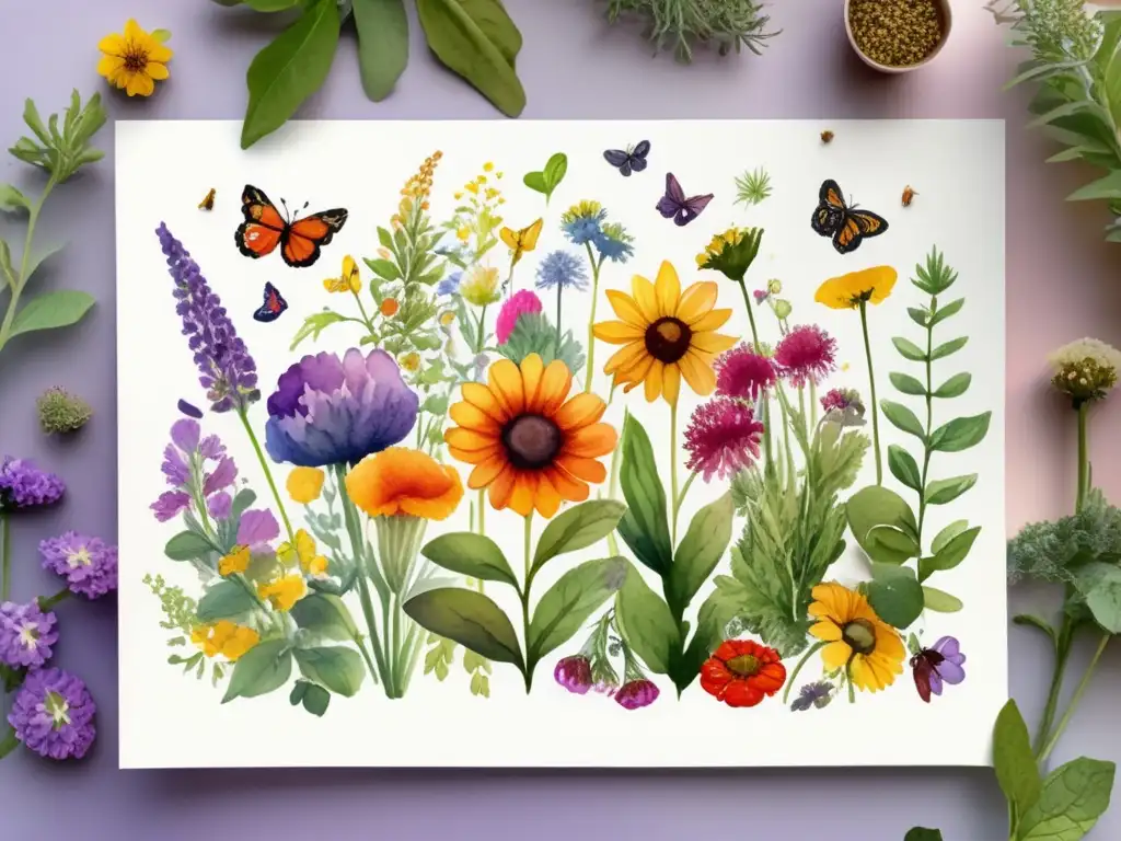 Beneficios y usos culinarios de hierbas y flores comestibles en un vibrante jardín ilustrado