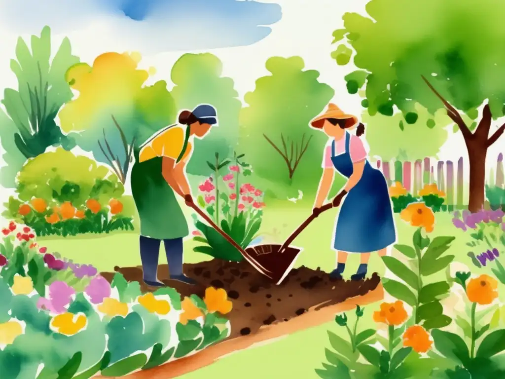 Niños felices en un jardín Técnicas de jardinería para niños: educando jardineros jóvenes en un jardín vibrante con ilustración acuarela