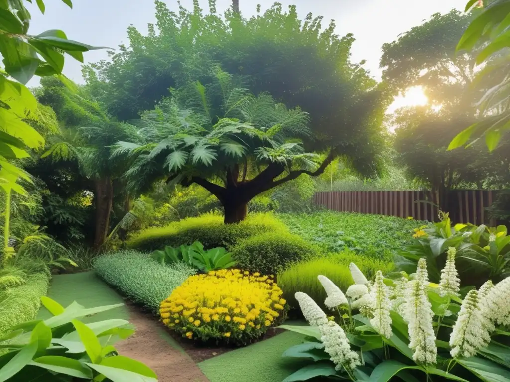 Jardín de plantas ayurvédicas con beneficios medicinales, neem, tulsi, ashwagandha y agua serena