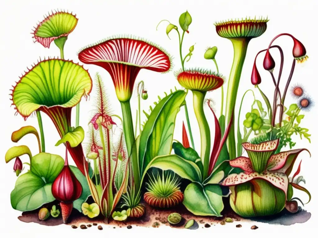 Jardín exuberante de plantas carnívoras Jardín con las mejores plantas carnívoras: un paisaje acuarela detallado y vibrante que invita a explorar el fascinante mundo de estas especies