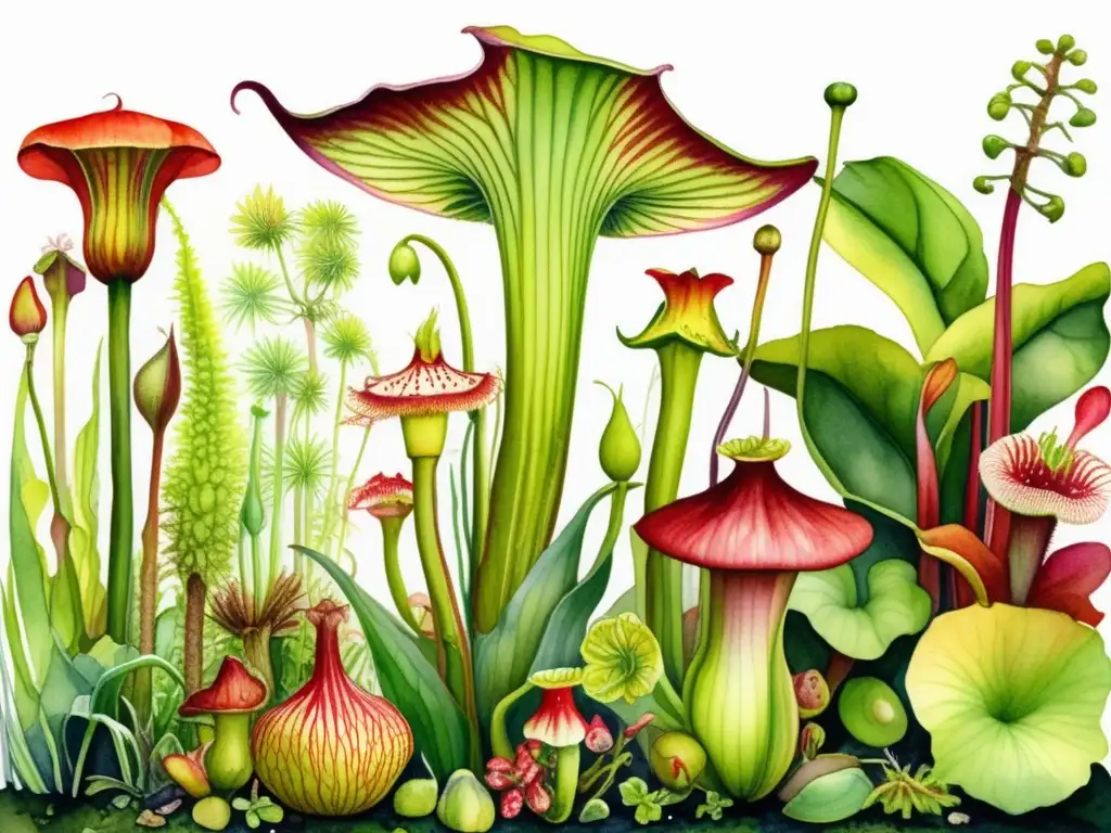 Jardín vibrante con plantas carnívoras Mejores plantas carnívoras para jardines en una pintura acuarela de jardín vibrante lleno de especies fascinantes y defensas únicas
