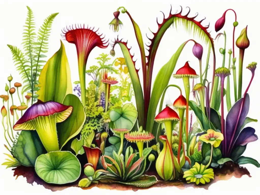 Beneficios y usos de plantas carnívoras en un jardín vibrante y detallado con Venus flytrap, pitcher plants, cascada y mariposas