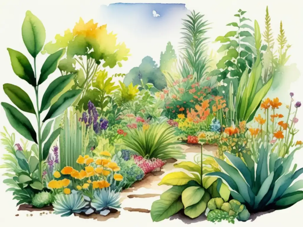 Cultivar en casa plantas en peligro - Jardín detallado de acuarela con especies en peligro, colores vibrantes y formas únicas