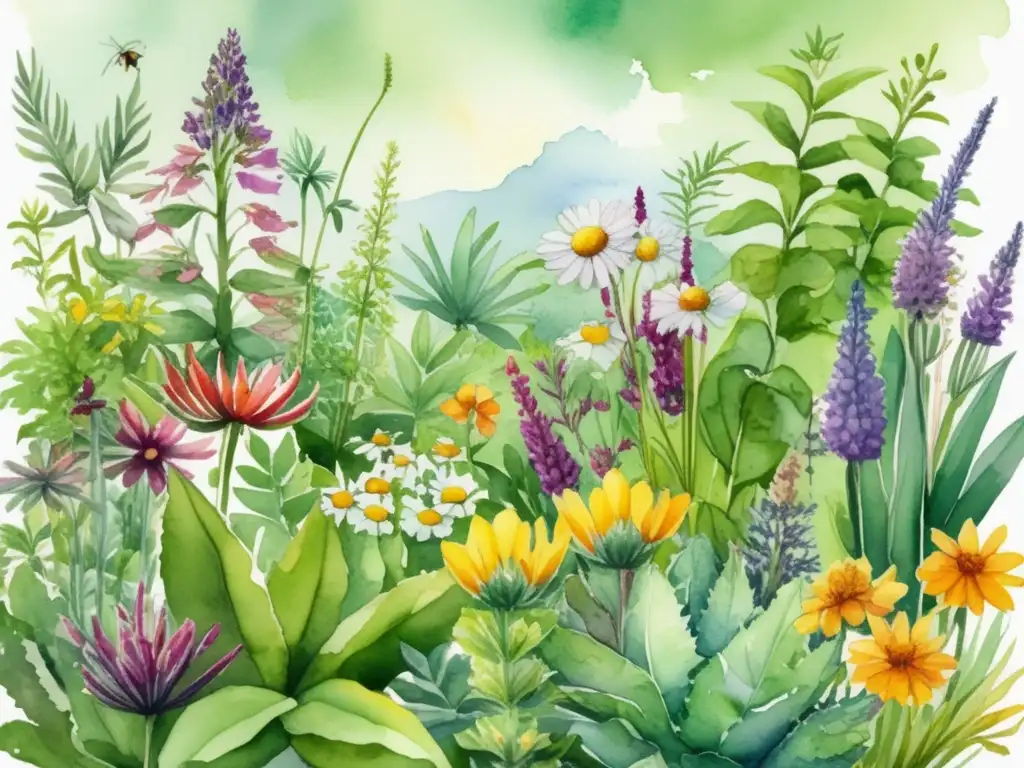 Ilustración acuarela de un jardín lleno de plantas medicinales usadas en gastronomía tradicional