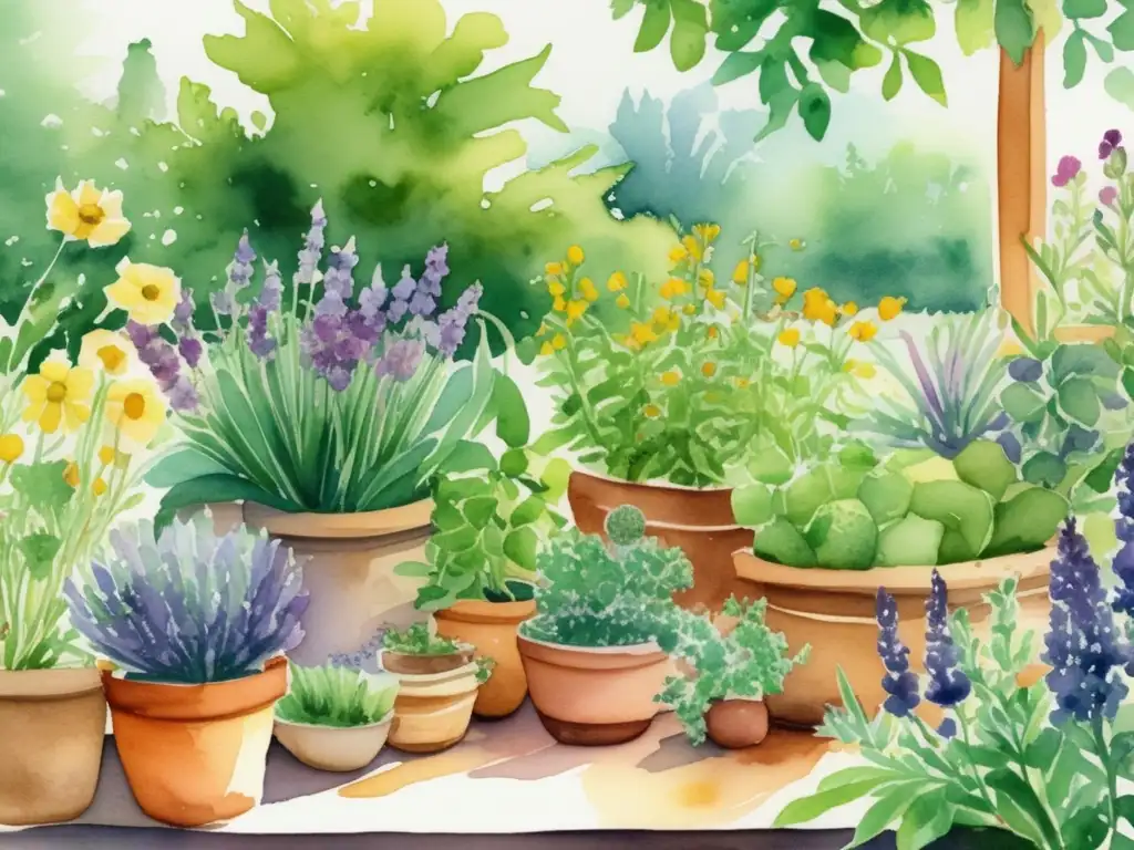 Jardín de plantas medicinales con historia, ilustración acuarela detallada con colores vibrantes y detalles intrincados