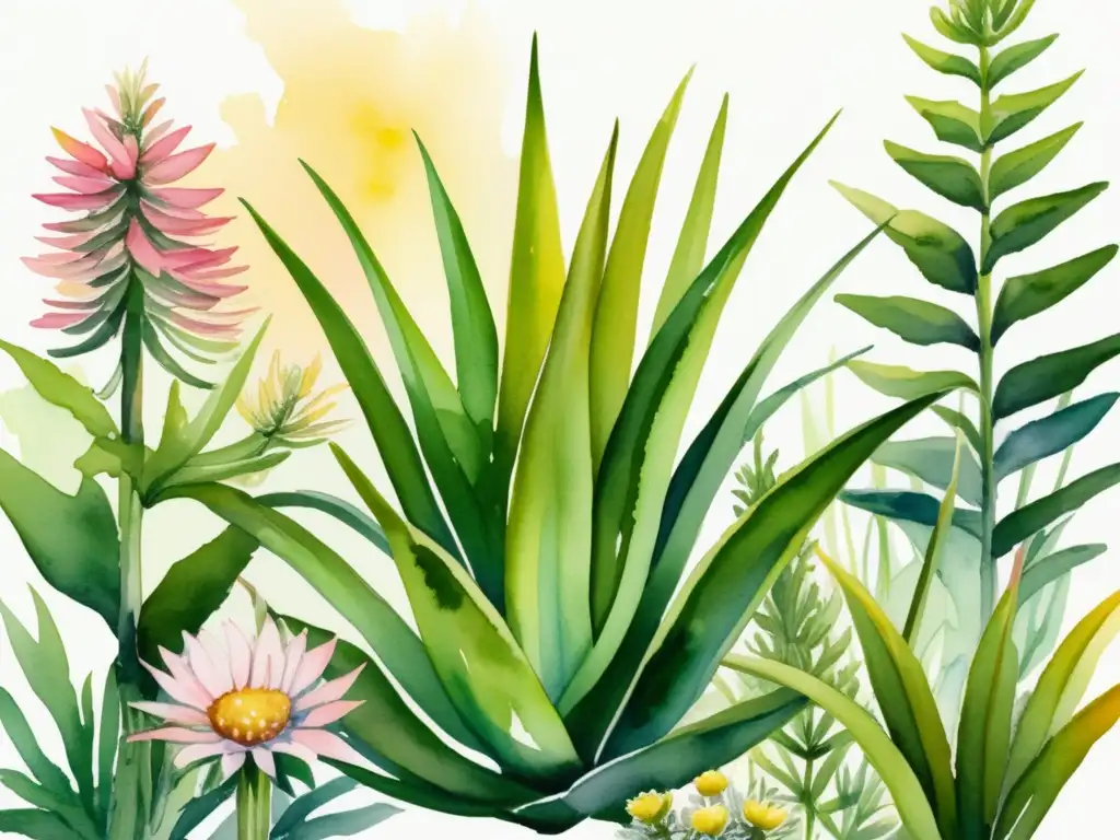 Beneficios plantas medicinales: ilustración acuarela cautivadora de jardín exuberante con aloe vera, manzanilla, romero y roble