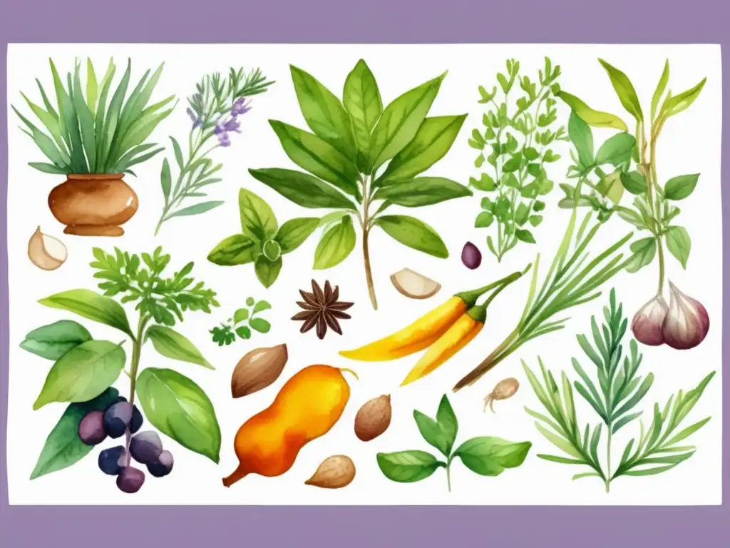 La importancia de las plantas medicinales en gastronomía: ilustración vibrante de variedad de hierbas y especias con colores llamativos