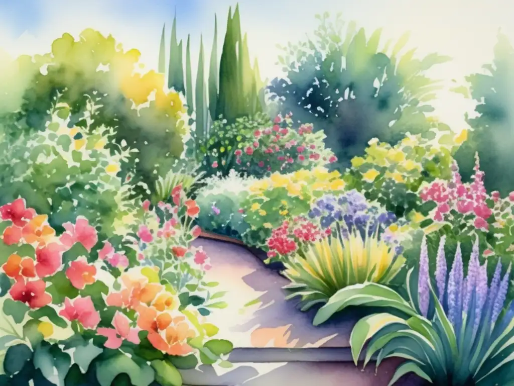 Pintura acuarela detallada de un jardín vibrante con variedad de plantas ornamentales