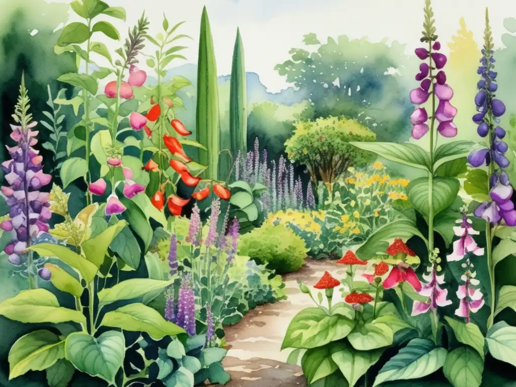 Jardín de plantas tóxicas y no tóxicas Pintura detallada de un jardín exuberante con variedad de plantas
