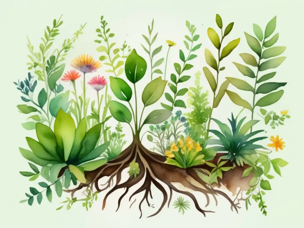 Simbiosis en plantas: ilustración de exuberante jardín con variedad de especies, raíces entrelazadas y atmósfera etérea